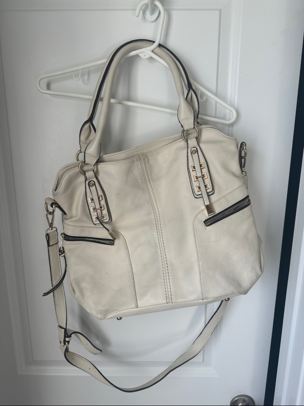 Cream Leather Tote Bag with Shoulder Strap